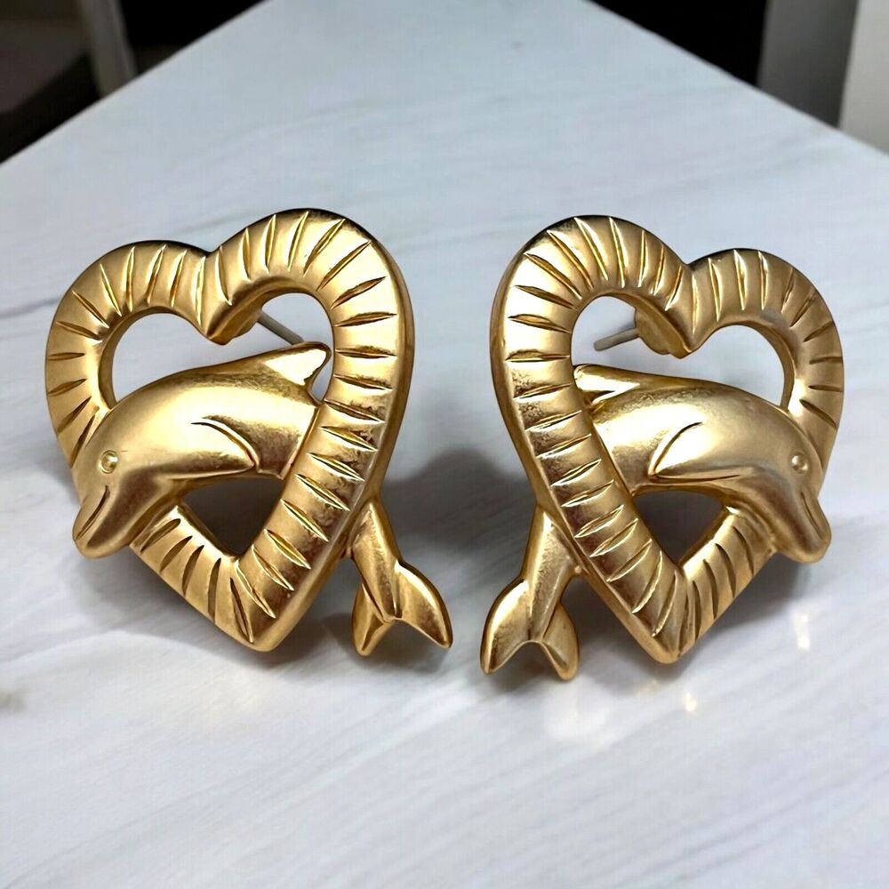 Vintage 1980s Dolphin Heart Earrings Gold Tone Pierced - 11D